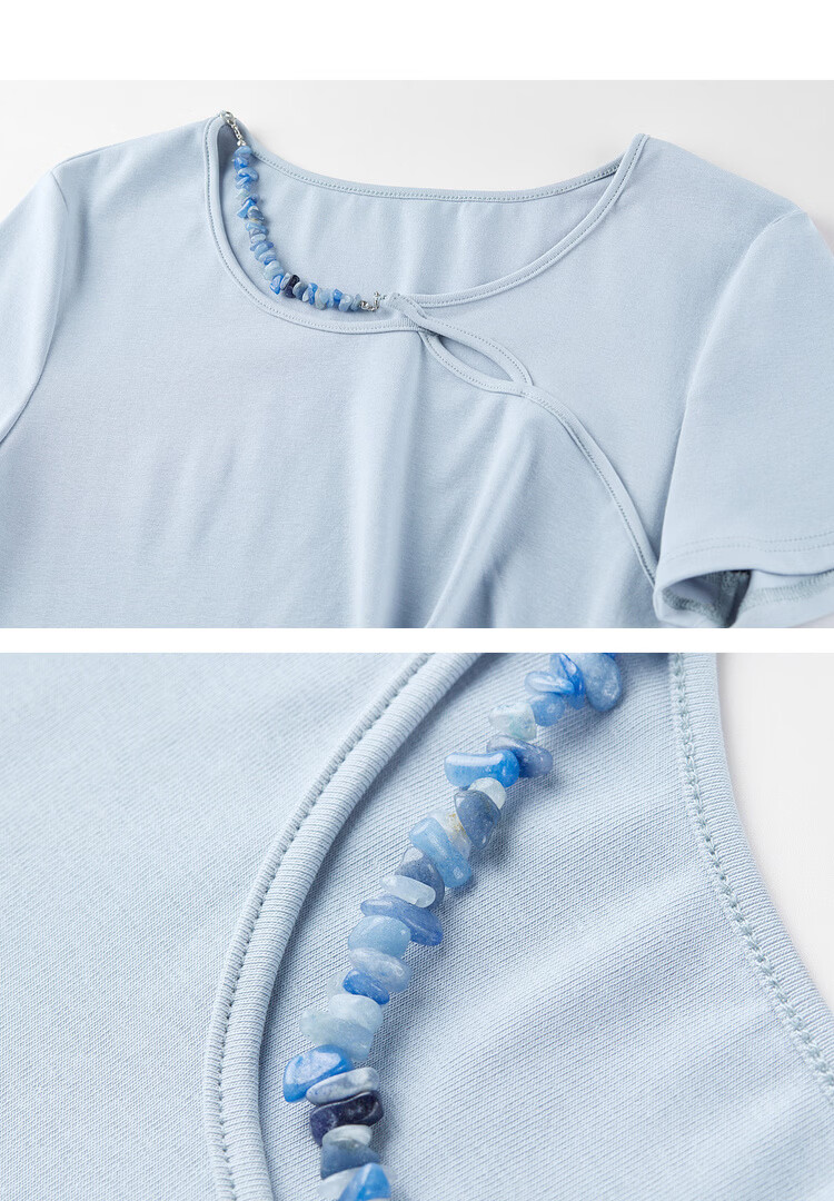 Shangdu Bila Cotton Blend Pleated Slim Fit T-Shirt Women Spring Summer Designer Round Neck Hollow Out Asymmetric Overlap Irregular Split Top 18