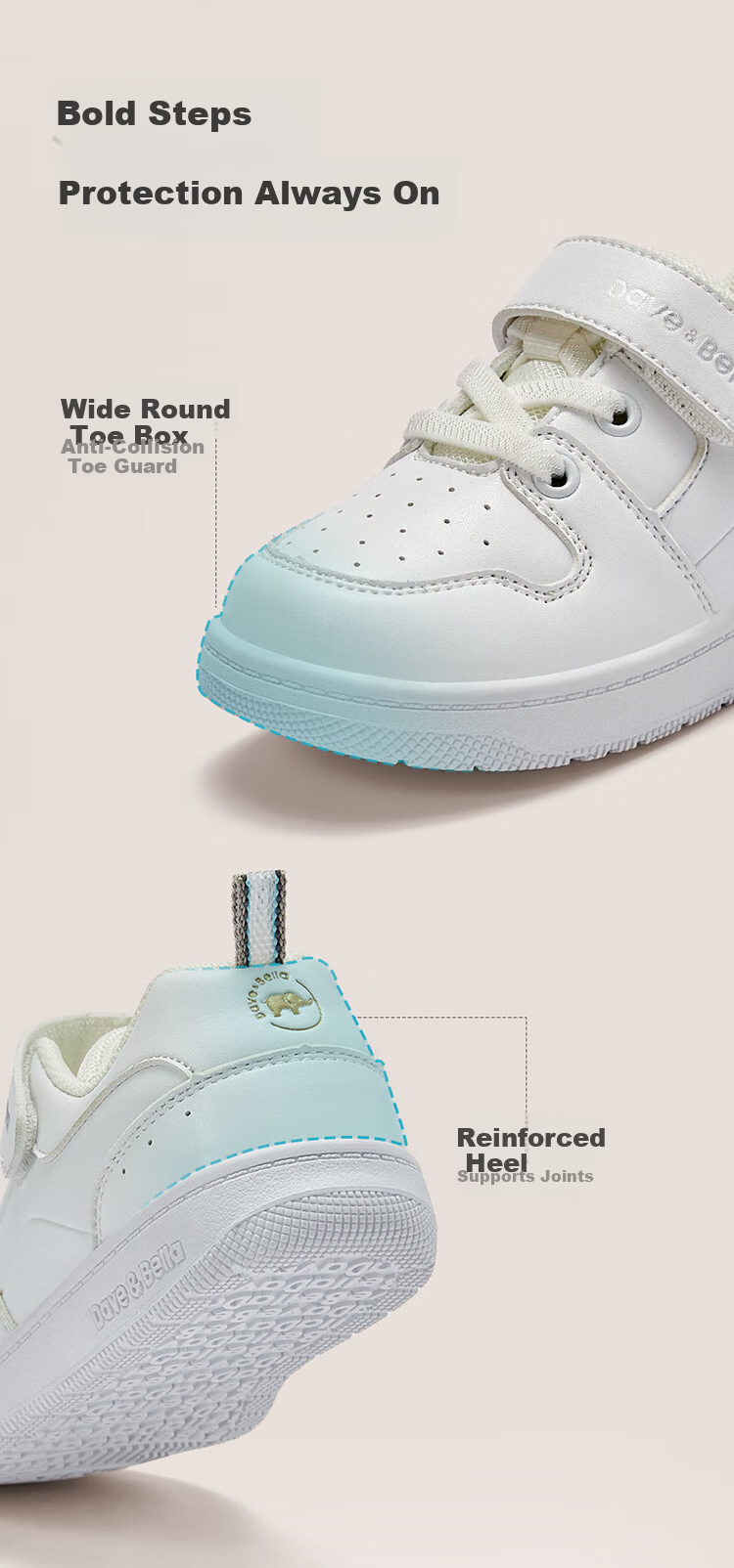 DAVE & BELLA Girls' Sneakers, Children's Baby White Shoes, Soft-Soled Shoes, Spring Boys' Kindergarten Children's Shoes, Functional 2