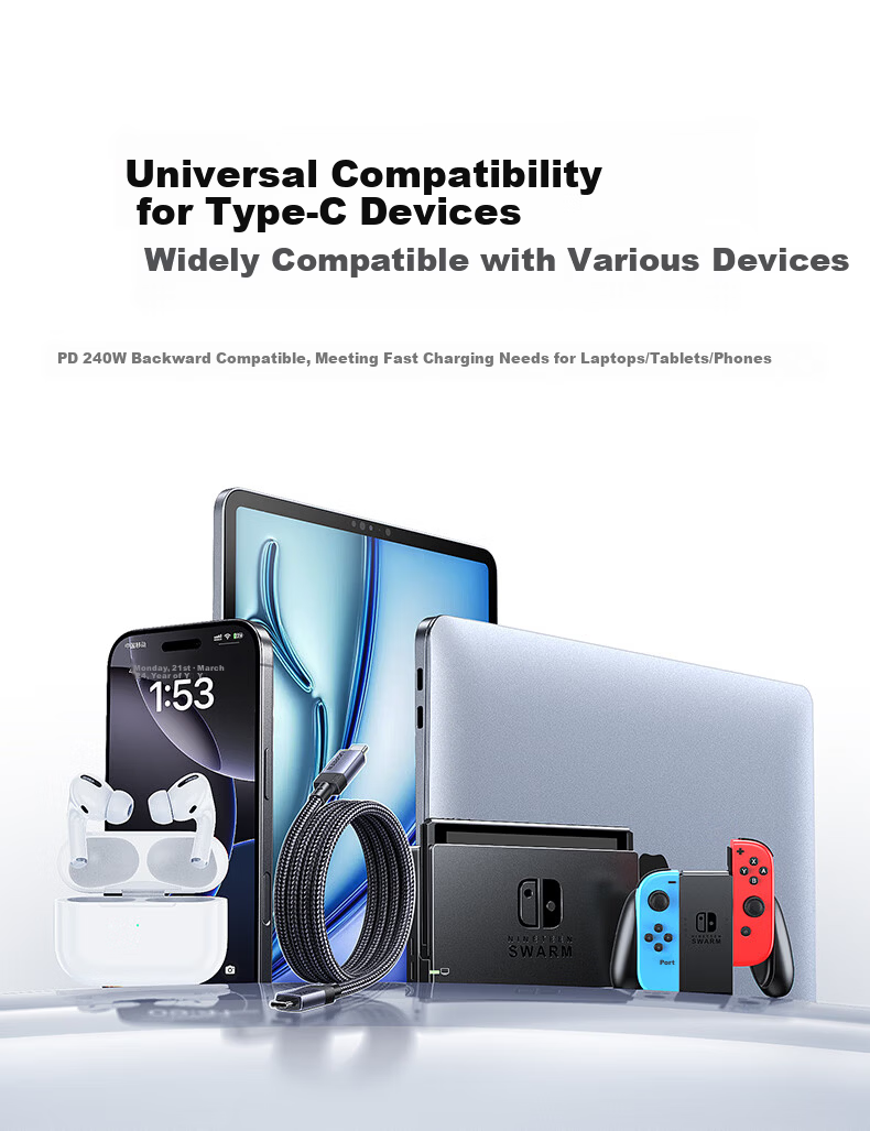 Ugreen Full-Function Type-C Dual-Head PD 240W Fast Charging CtoC Cable Compatible with Thunderbolt 4/3, 4K Display, Video Transmission for Apple, Huawei Tablets and Laptops 12