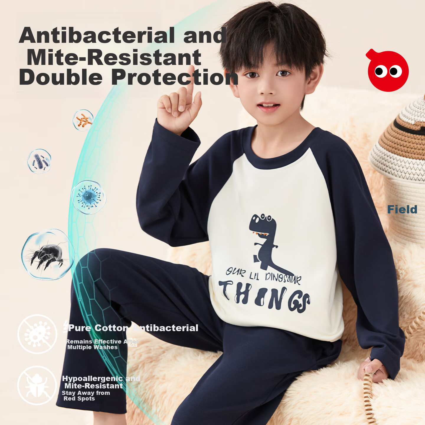 Hodo Kids Spring Summer Antibacterial Mite-Resistant 100% Cotton Crew Neck Boys Dinosaur Pajama Set