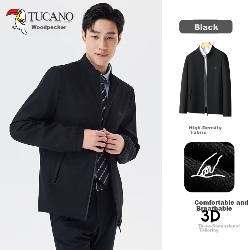 Woodpecker [Breathable and Wrinkle-Free] Men's Summer Business Casual Executive Stand Collar Jacket Black 3XL