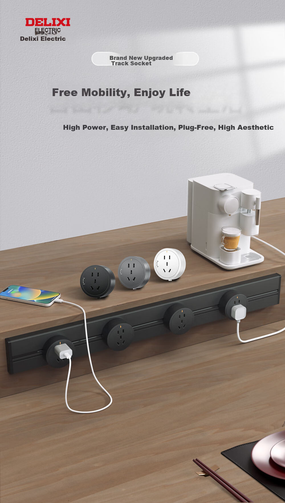 DELIXI Track Socket Fourth Generation Movable Wall-Mounted Power Strip [Upgraded] Black 0.8m Rail + 4 Sockets 1