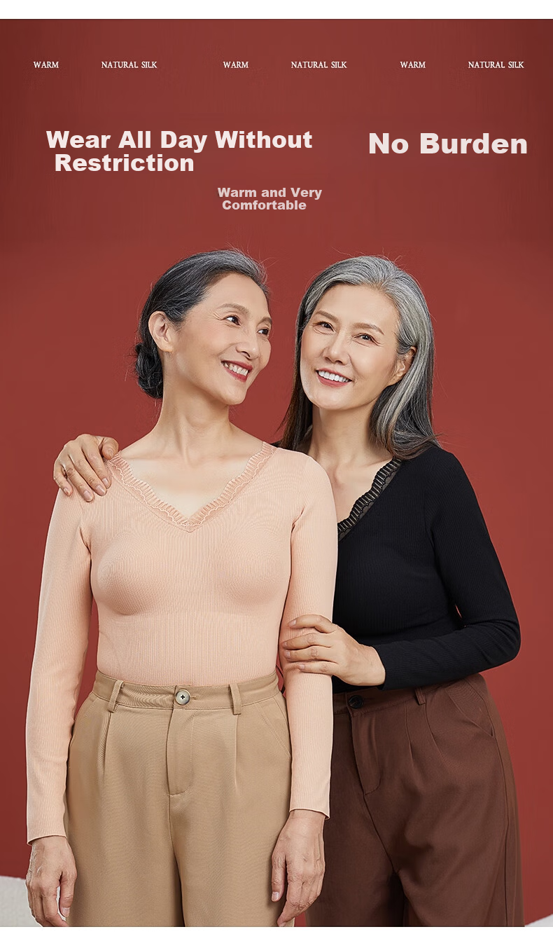 MiiOW Middle-aged and Elderly Women's Cashmere Silk Patch Warm Long Sleeve Top Mom 2025 New Wireless Bra Thermal Underwear 16