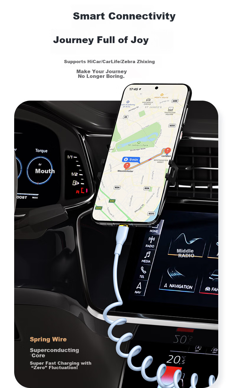 ZiTai Type-C Car Spring Retractable Charging Cable 100W Fast Charge for Huawei Honor Xiaomi Phones 1.2m Blue 2
