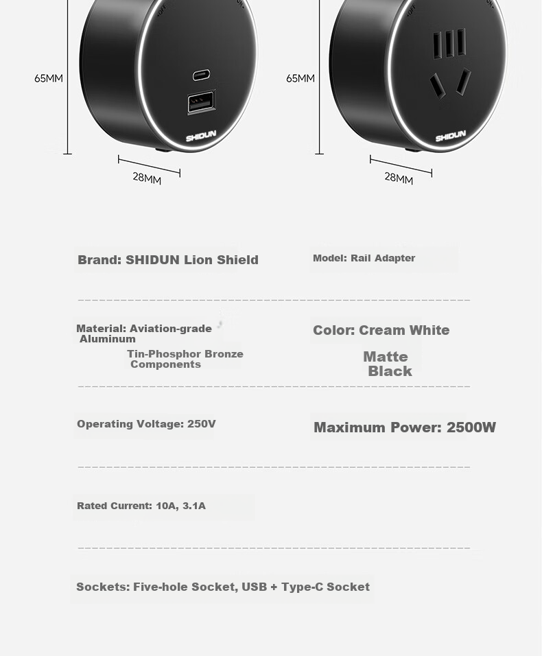 Shidun Surface-Mounted Track Socket, Movable Sideboard Power Slide Rail Track Switch Socket, Ambient Light Model, 50cm + 3 Five-Hole Sockets, Cream White 37