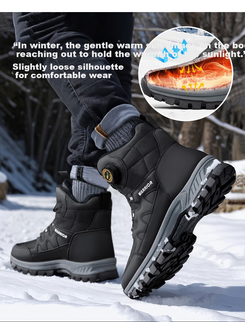 Warrior Men's Snow Boots Warm Hiking Fleece Thickened Large Size High-top Northeast Cotton Shoes 1902 Black 39 3