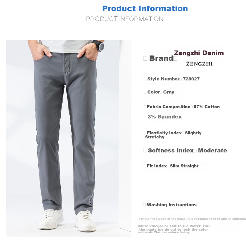 Zengzhi Denim Men's Comfortable Casual Pants Loose Fit Straight Leg Stretch Versatile Gray Size 32 2