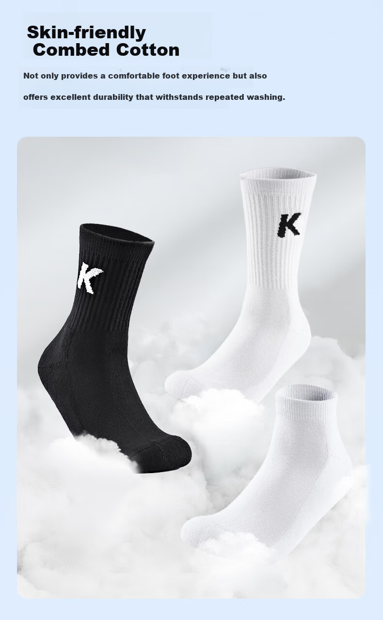 KELME Sports Socks Unisex Long Socks Running Basketball Training Fitness Mid-Short Tube 3 Pairs White [Short Tube] L 3