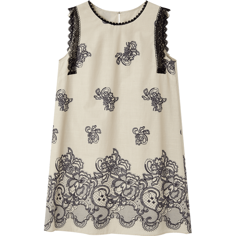Demana [Oxygen Pure Cotton] Summer Romantic Urban Style Sleeveless Printed Lace Loose Slim Dress for Women Premium Feel