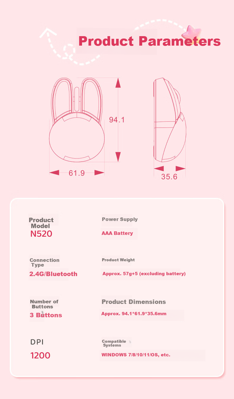 Lenovo Ecosystem Brand Yinen Wireless Mouse Dual-mode 2.4G Bluetooth Cute Rabbit Design Lightweight Silent Office Home Use Compatible with Laptop and Desktop Rose Gold N520 3