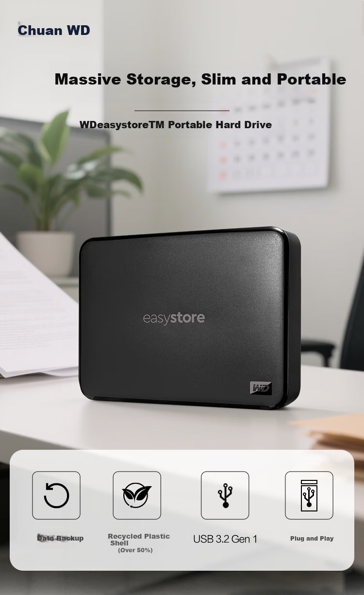 Western Digital easystore 2TB Portable External Hard Drive USB 3.0 2.5-inch Mechanical HDD Laptop Backup Large Capacity Home Storage 1