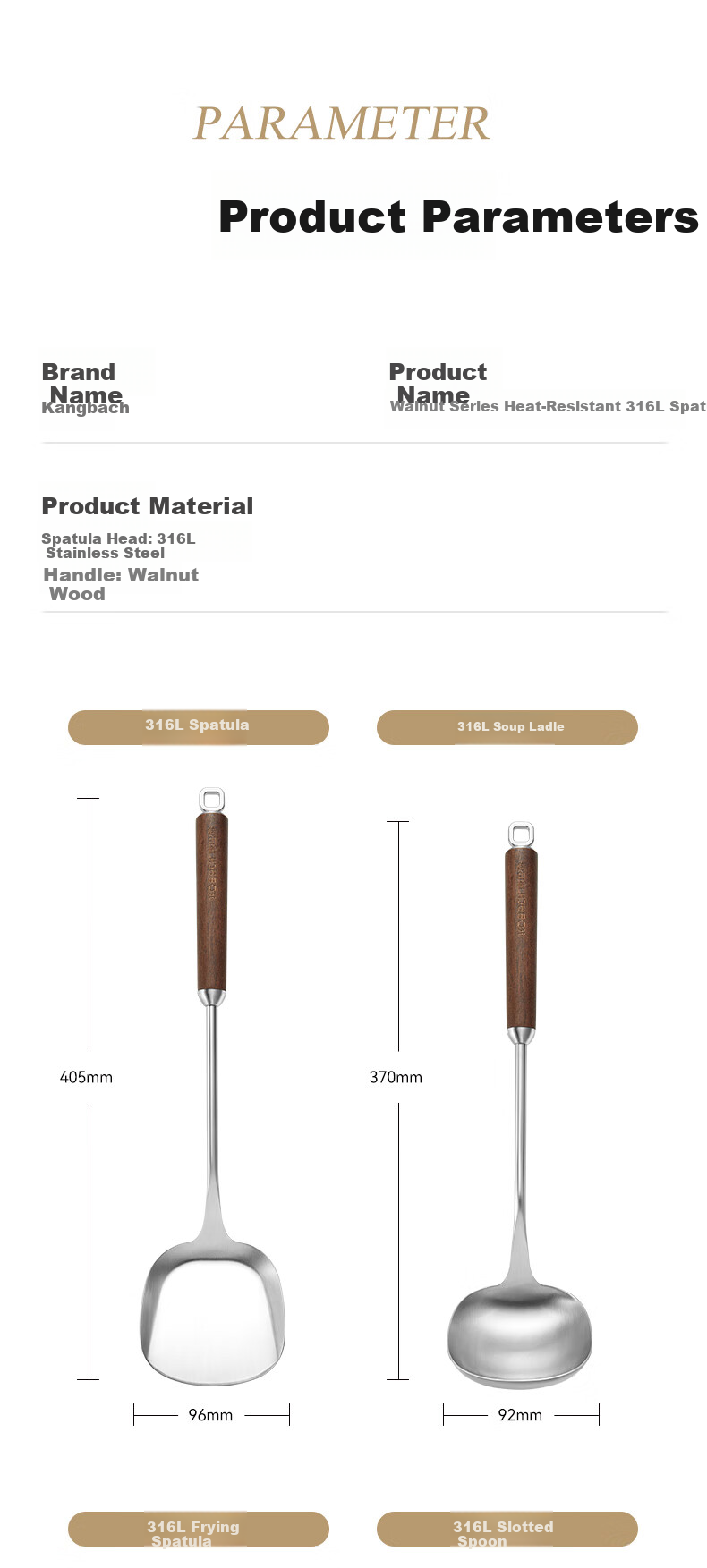 Kambach 316L Stainless Steel Cooking Spatula with Walnut Wood Handle Heat-Resistant Anti-Scald Spatula 11