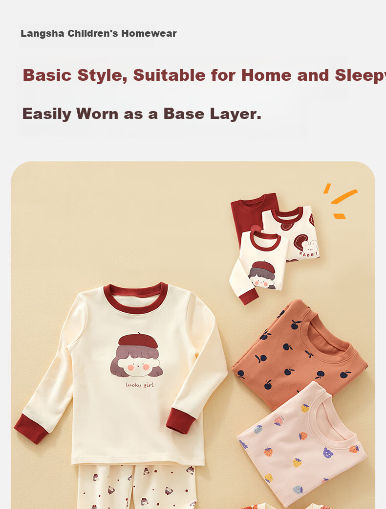 LangSha Kids Pure Cotton Pajama Set Autumn Thermal Underwear Long Sleeve Top and Pants for Boys and Girls, Student Cotton Knit Innerwear, Warm Crew Neck for Fall and Winter 2