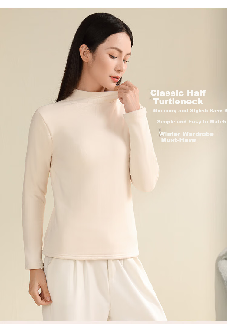 Tingmei [Triple Silk] Fleece-Lined Thickened Half Turtleneck Base Layer Top Women's Autumn Winter Thermal Underwear Shirt 7