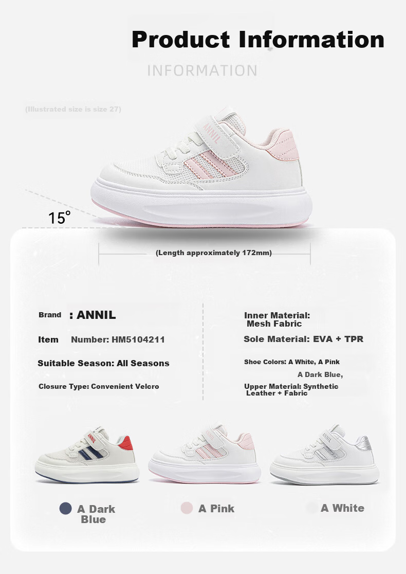 ANNIL Girls White Sneakers Sports Shoes New Spring Breathable Mesh Children's White Casual Skate Shoes 4211 White Size 28 3