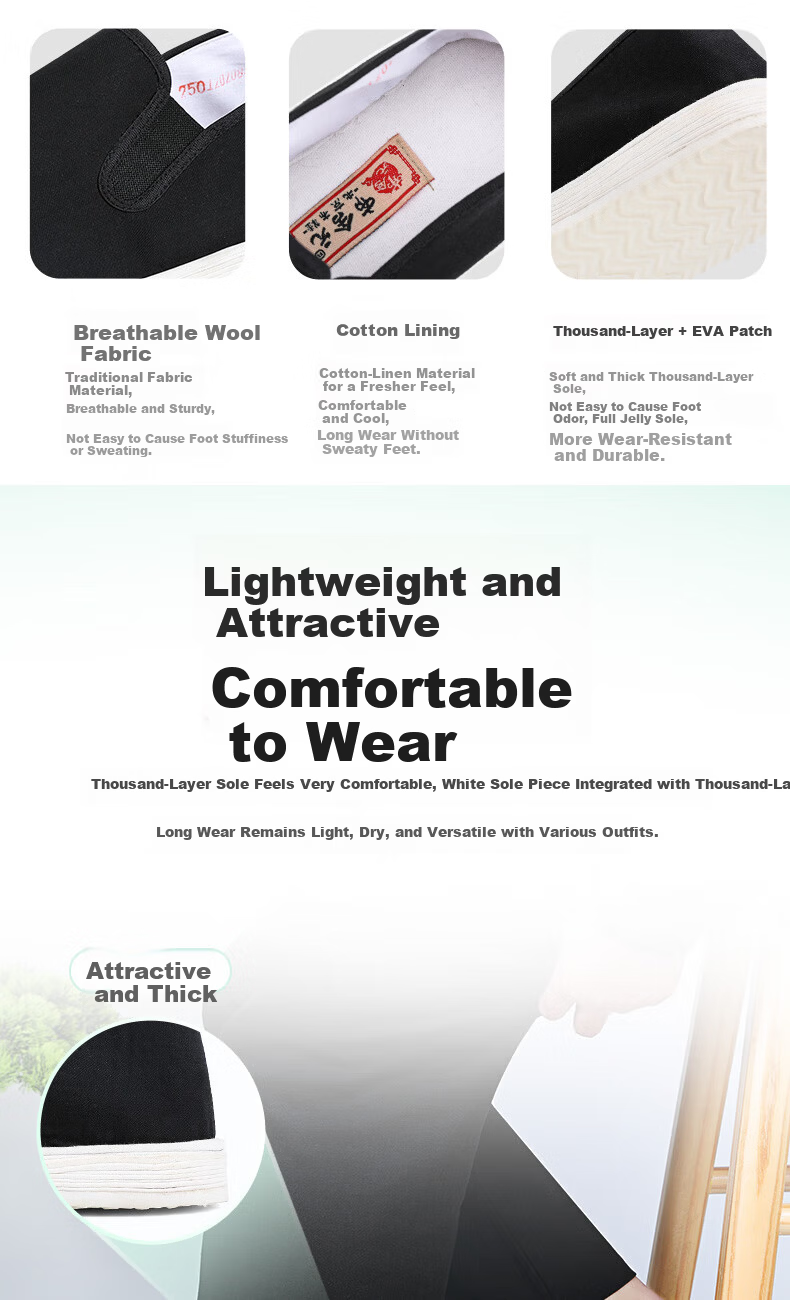 BUSHEYUAN Traditional Men's Slip-On Cloth Shoes Elderly Shoes Thousand-Layer Sole Old Beijing Cloth Shoes YW20 Black Size 38 2