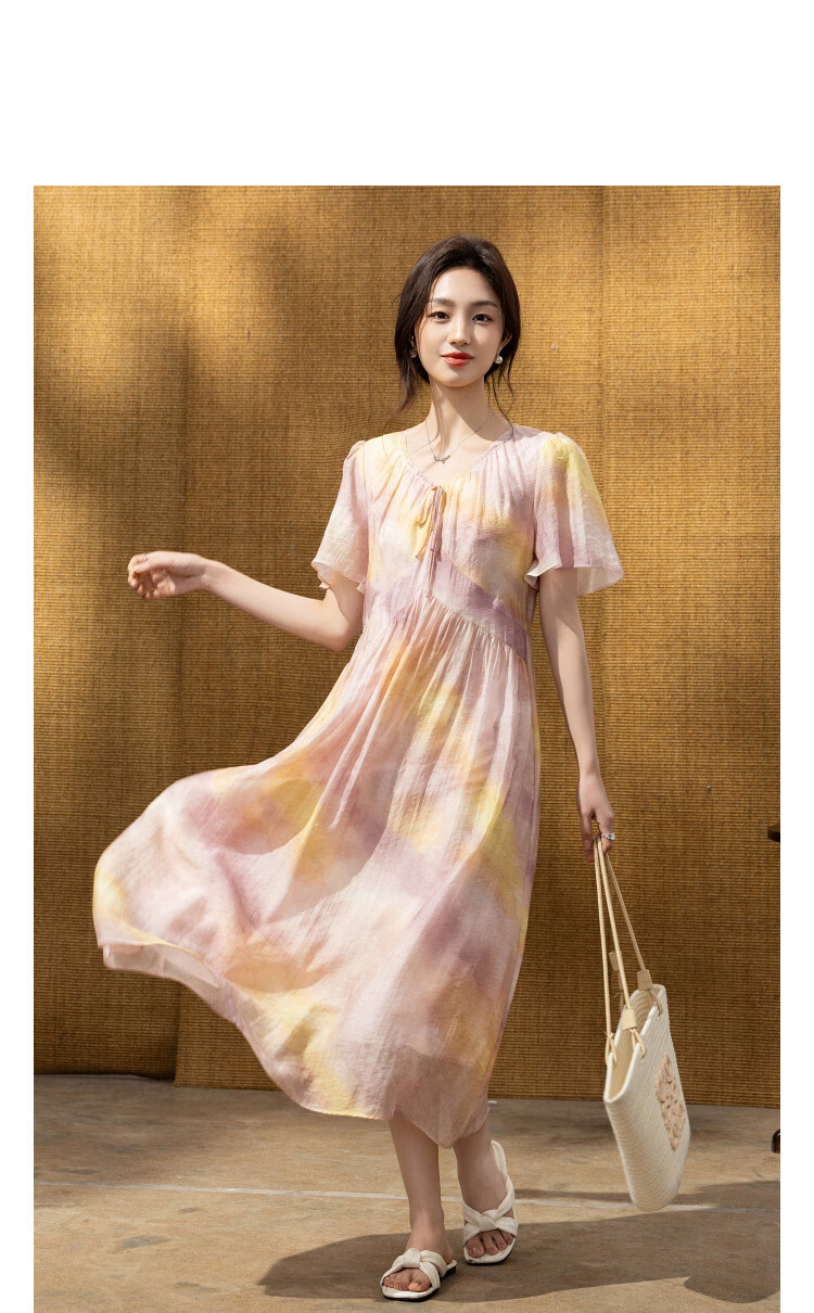 Demana Breathable Tencel Summer Romantic V-Neck Bowknot Print Flared Sleeve Slim Fit Dress for Women Premium 11