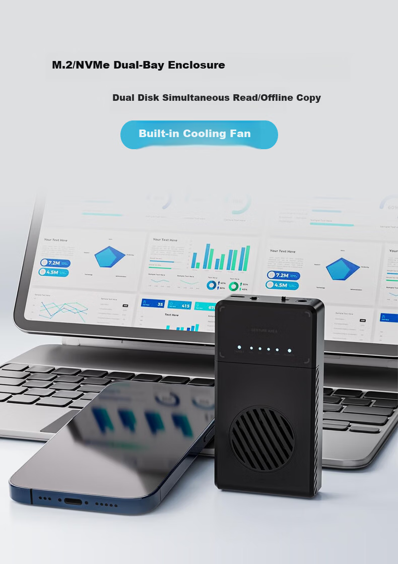 LINSTORAGE M.2 NVMe SSD Enclosure Dual-Bay Offline Copy Type-C 3.2 External SSD Hard Drive Case for Laptop and Mobile Phone 1