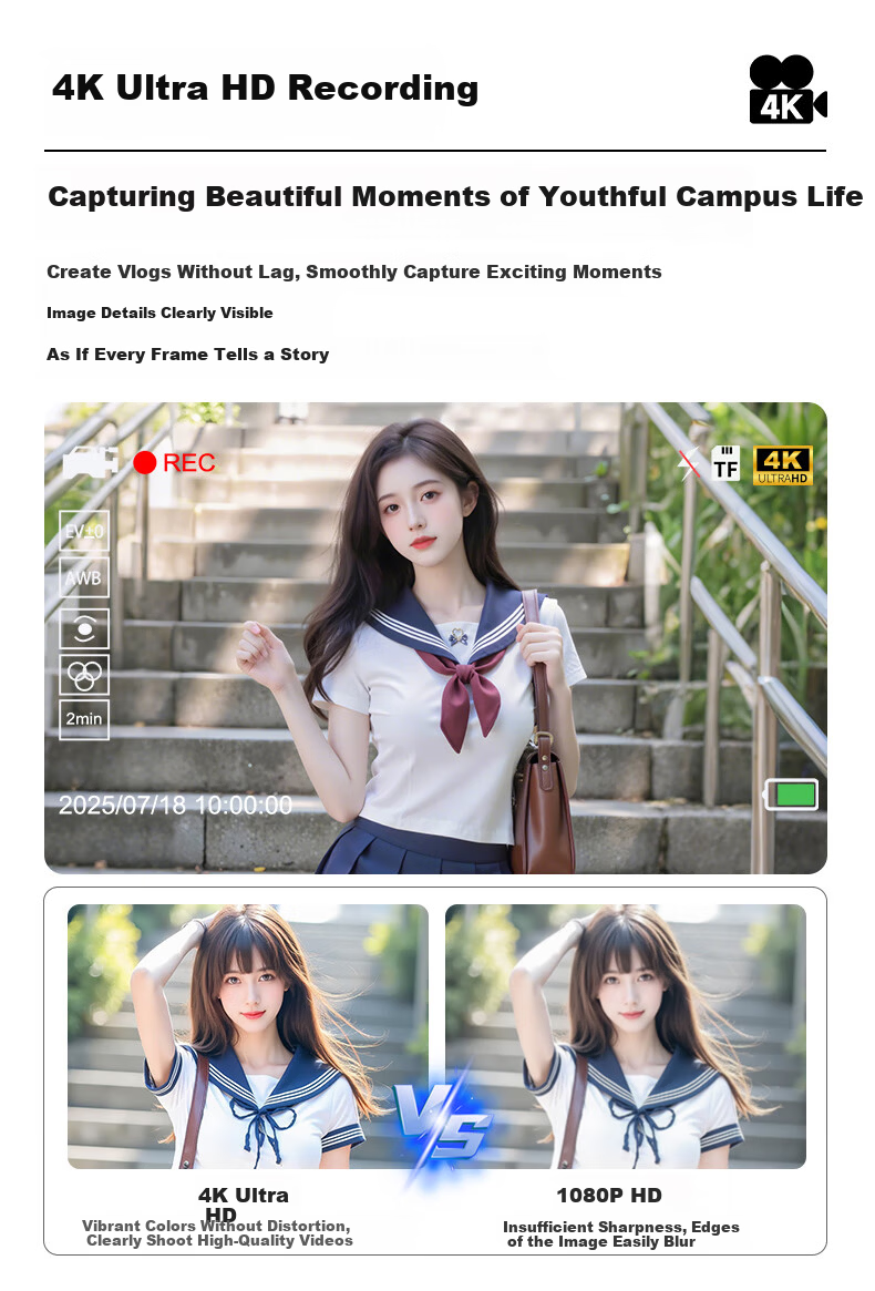 RUIZU T6 Student Digital Camera Soft Light Dual Lens Digital Camera [64MP Selfie] White 64GB Compact CCD Camera for Girls Campus Alternative 5