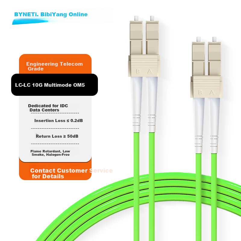 BYNET 10G Multimode Fiber Patch Cable LC-LC OM5 Duplex Low Smoke Zero Halogen LSZH Bend-Resistant Fiber Optic Cable 2.0mm 1 Meter