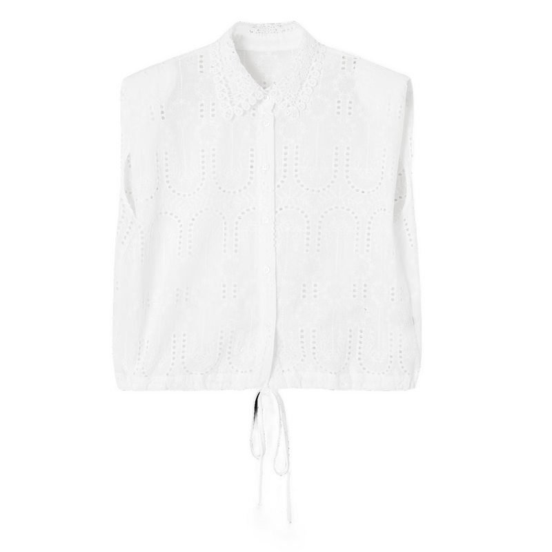 Demana Oxygen Pure Cotton Summer Elegant Lace Embroidered Hollow-out Short Shirt with Designed Collar for Women