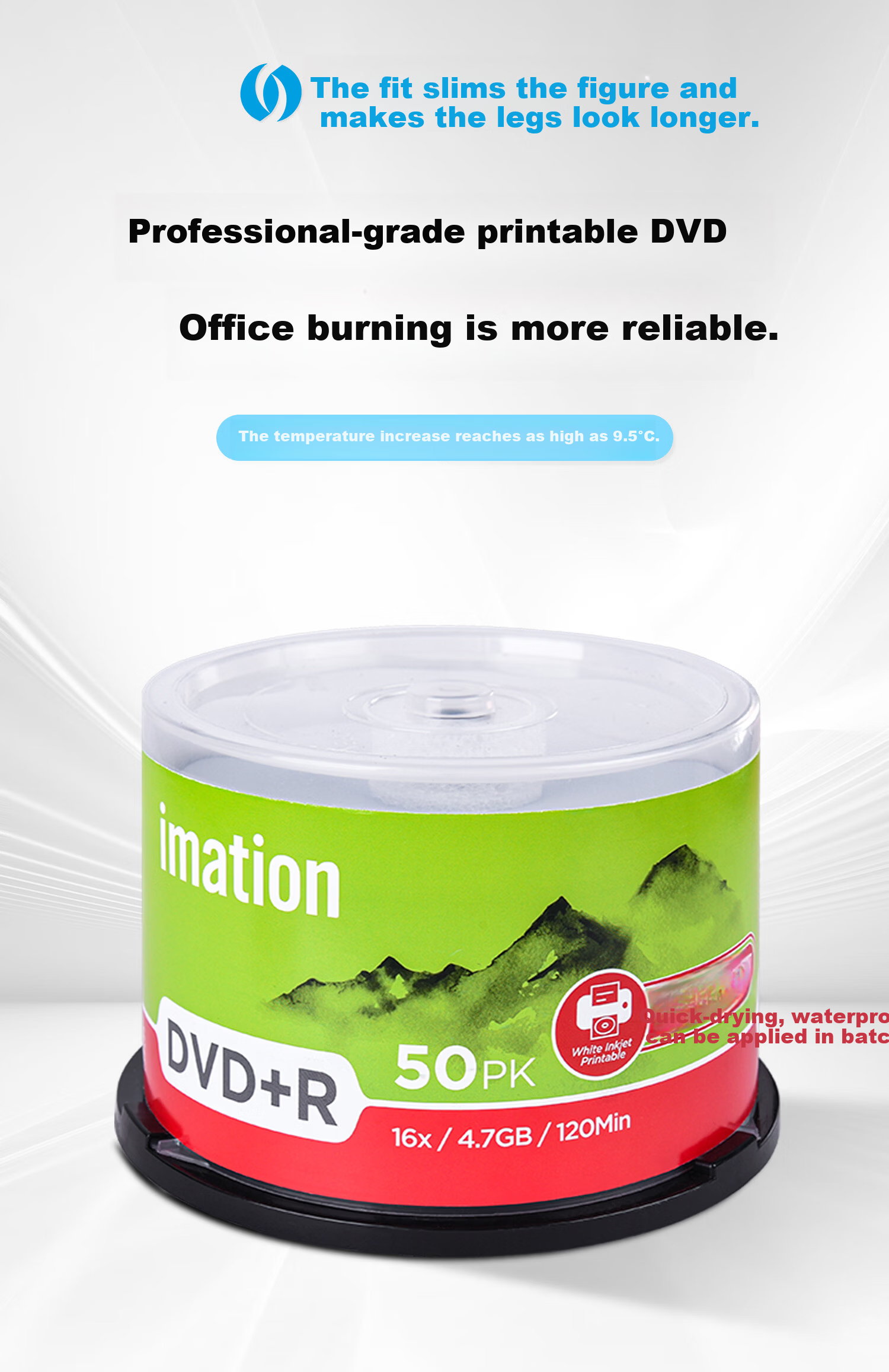 IMATION Laide DVD+R Blank Discs Quick-Dry Waterproof Printable 50-Pack 16x Speed 4.7GB High-Speed Discs for Computer Reading, Burning, Storage, Office Files, Data, Video 1