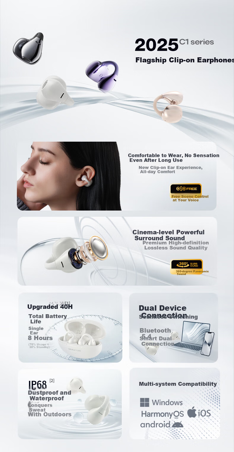 DOUBLE TUNE [Latest Model 2025] Pebble C1 DT Sports Gaming Ear Clip Wireless Bluetooth Headphones, Open-Ear Design Suitable for Apple And Huawei, Silk White 5