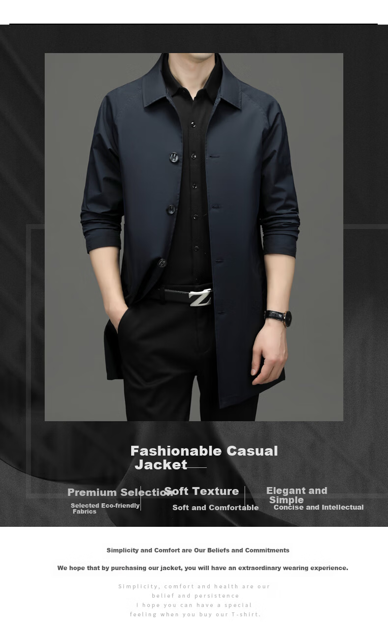 ROMON Men's Spring Autumn Business Casual Mid-Length Trench Coat Jacket D-2021 Off-White M 1