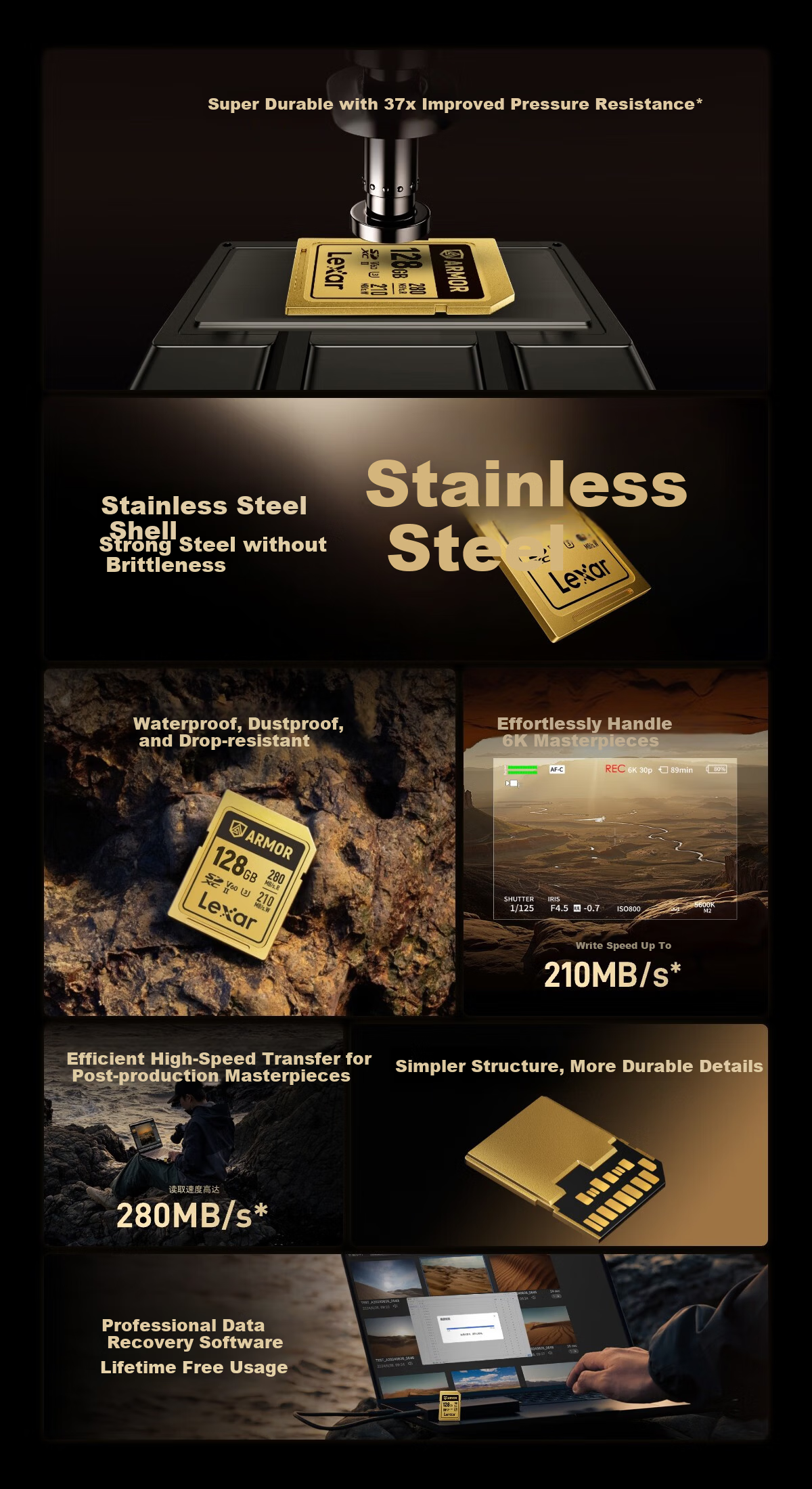 Lexar 128GB SD Card V60 6K Video Recording Stainless Steel Metal Rugged Armor Gold Card 280MB/s Read 210MB/s Write Durable Pressure and Wear Resistant 2