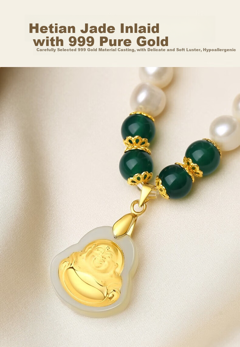 Chow Tai King Freshwater Pearl Necklace for Women, Gold Inlaid Jade Buddha Pendant, Mother's Day Gift for Mom and Elders, Birthday Present 7