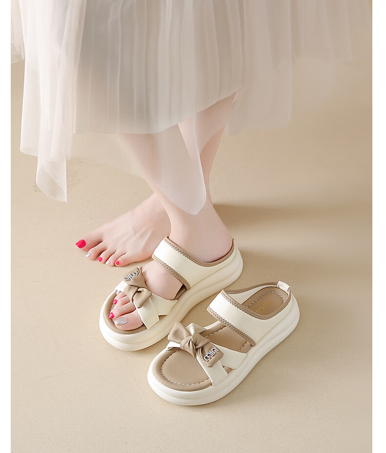 CARTELO Women's Summer Sandals Thick Soft Sole Bow Slip-On Beach Shoes 1883 Beige Size 35 12