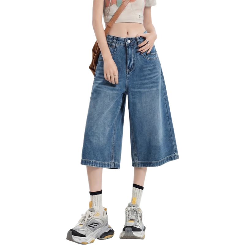 Jeanswest Women's Summer American Vintage Loose Wide-Leg Slim Straight Denim Shorts Dark Blue M