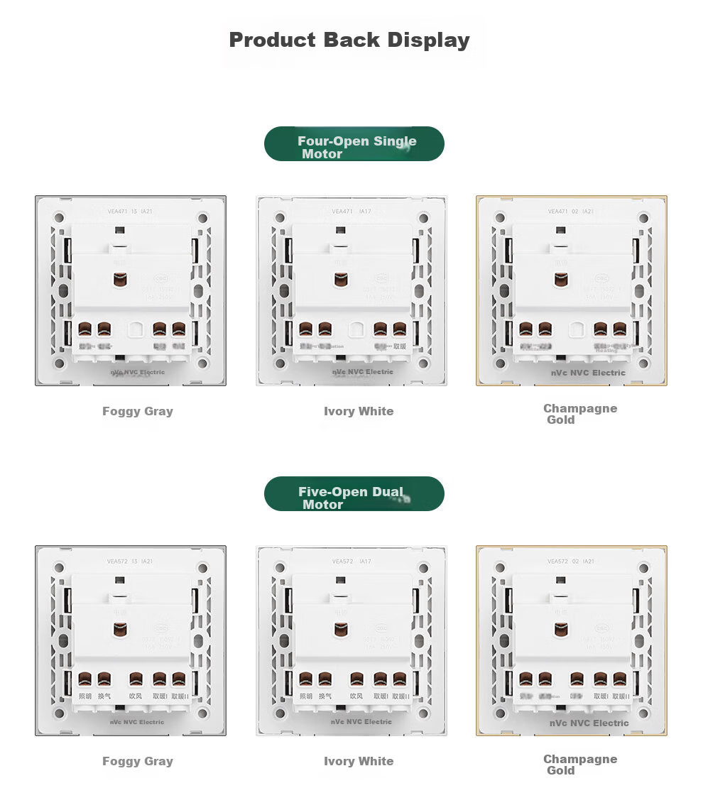 NVCleishidiangong Switch Socket, 86-Type Universal Bathroom Multi-Function Switch Panel, Four-Gang Bathroom Heater Switch, Gold Color 14