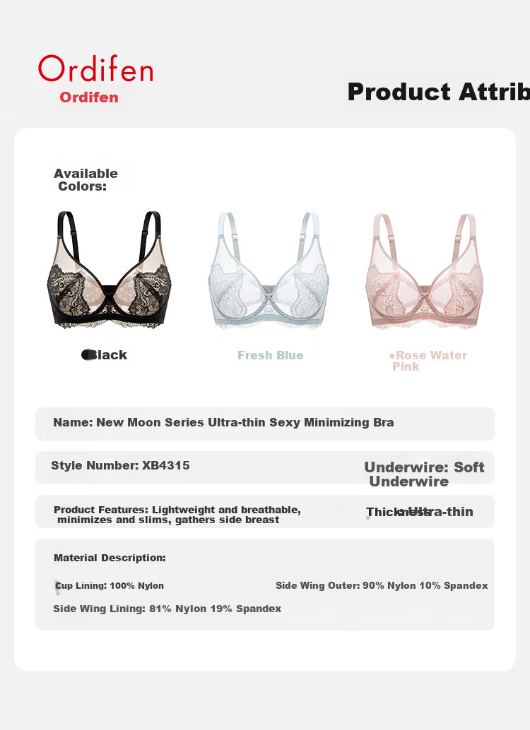 Ordifen Women's Soft Underwire Ultra-Thin Lace Sexy Lift Back Support Large Bust Minimizing Bra XB4315 5