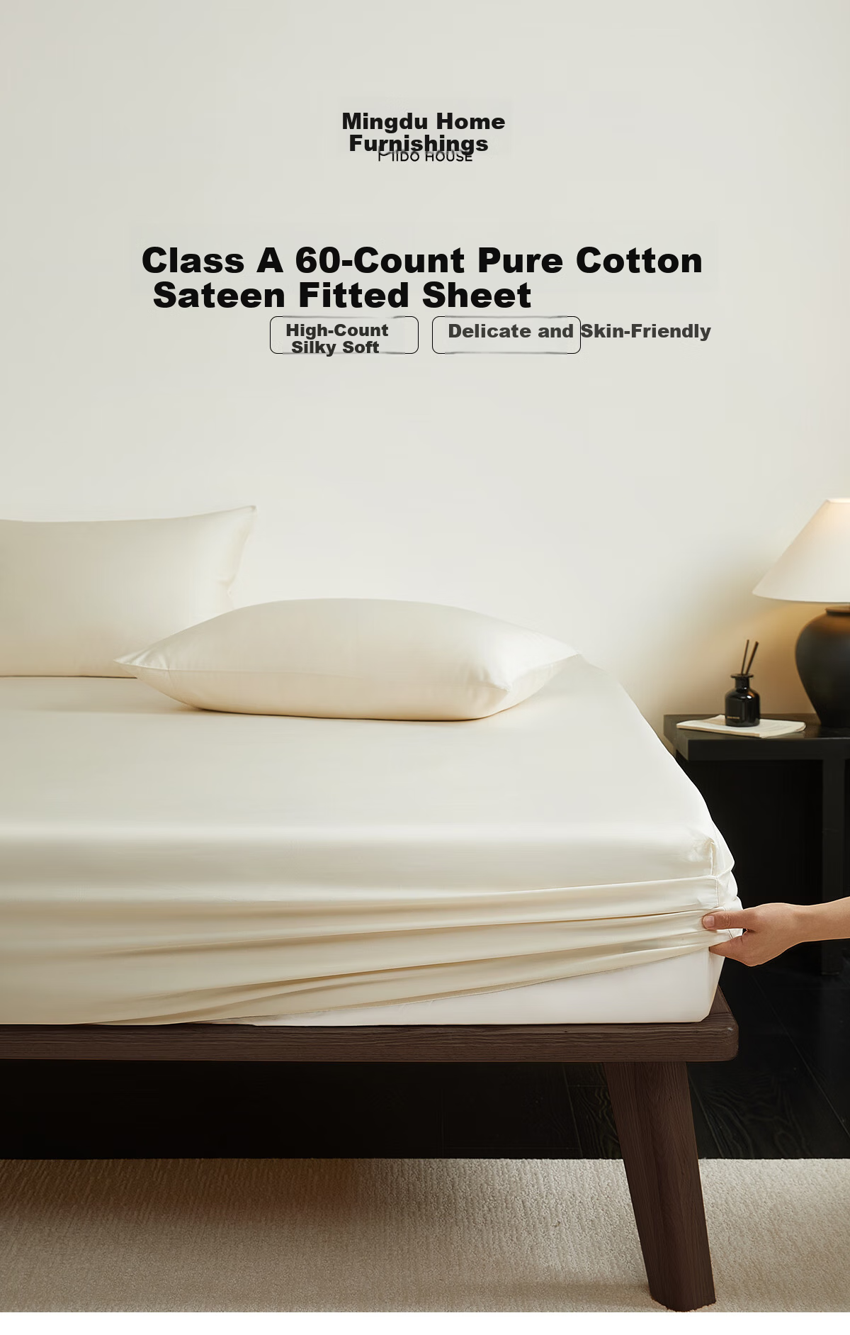 MIDO HOUSE Mingdu 60-Count Washed Cotton Fitted Sheet Single Piece Pure Cotton All-Season Double/Single 180*200+28cm Silver Gray 1