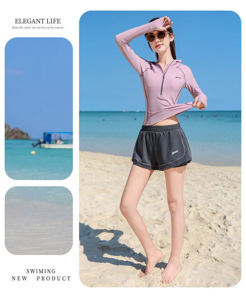Xtep Women's Long Sleeve Hooded Two-Piece Slim Fit Conservative Casual Sports Swimsuit 8