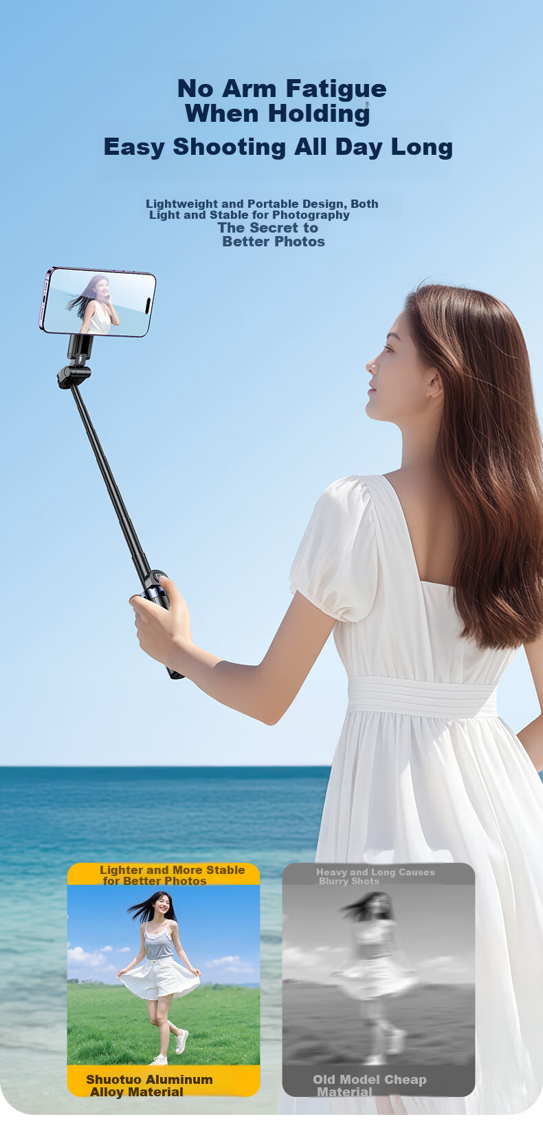 Samtogo Zoom Mini Selfie Stick Phone Holder Floor Tripod Compact Portable Travel Gadget 360° Rotating Stabilized Gimbal Follow Shooting Multifunctional All-in-One 7