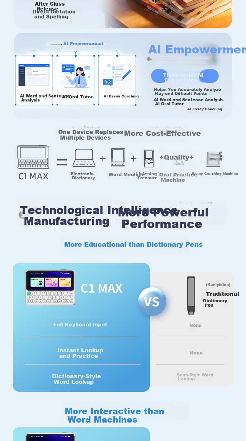 Koridy AI Electronic Dictionary C1MAX 64GB English Japanese Learning Device Keyboard Input Word Lookup Practice Memorization Dictionary Textbook Synchronized Vocabulary Machine Word Cards 9