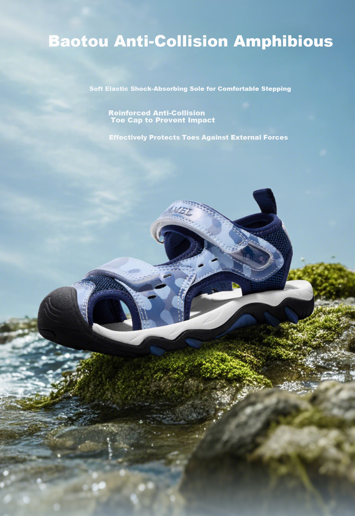 CAMEL Children's Sandals, Summer Beach Shoes, Closed-Toe, Anti-Collision, Non-Slip, Velcro Straps, for Older Kids 11