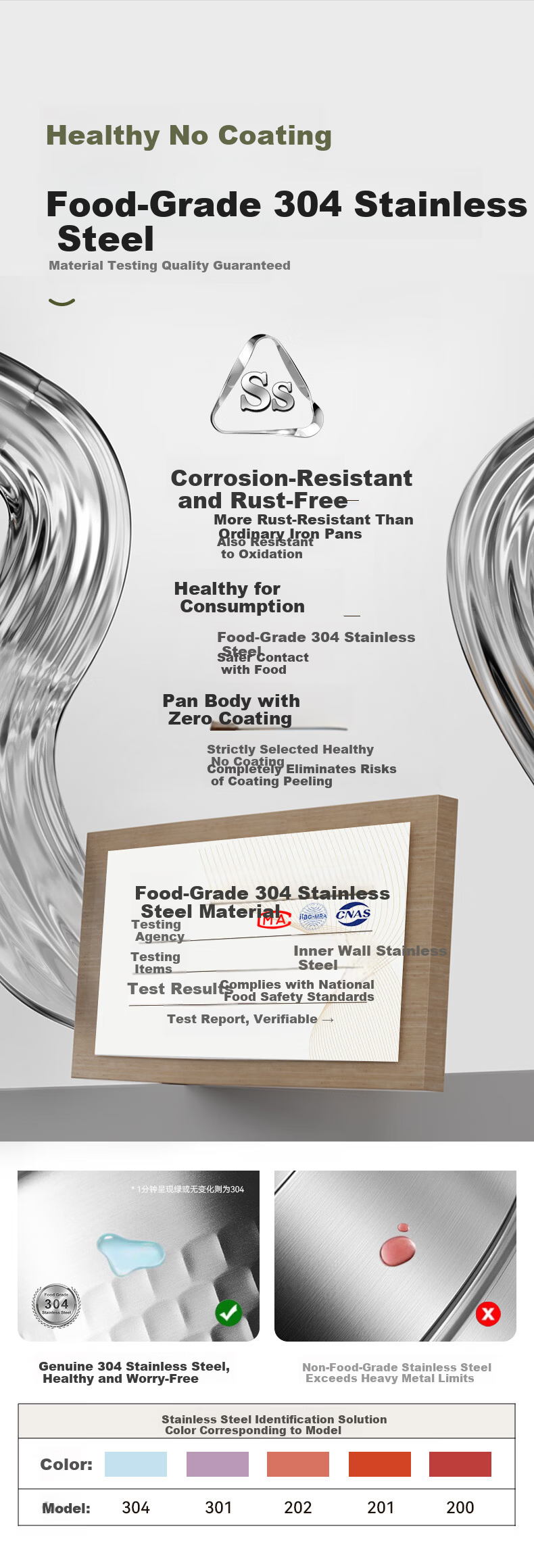 Kims Cook Snow-Pan Non-Coated Household Small Milk Pot Five-Layer Steel Baby Food Noodle Pot 316L Stainless Steel 20cm + 304 Steamer Basket 4