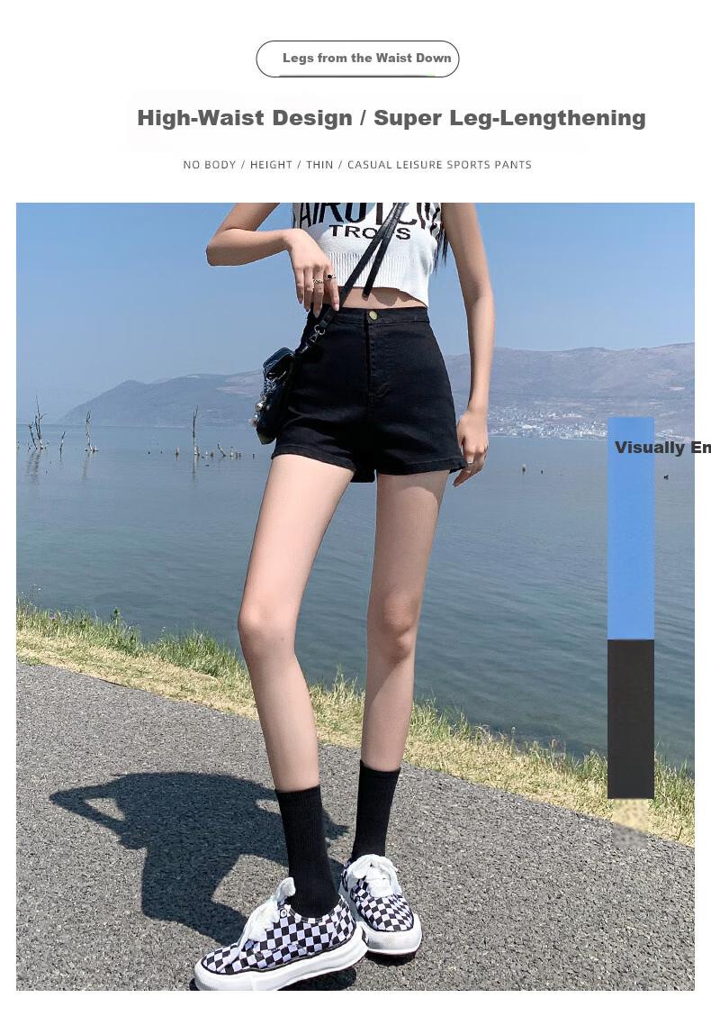 LangSha Black Denim Shorts for Women, Summer New Style Versatile High-Waisted Slimming Trendy Hot Girl Fashion Elastic Hot Pants 4