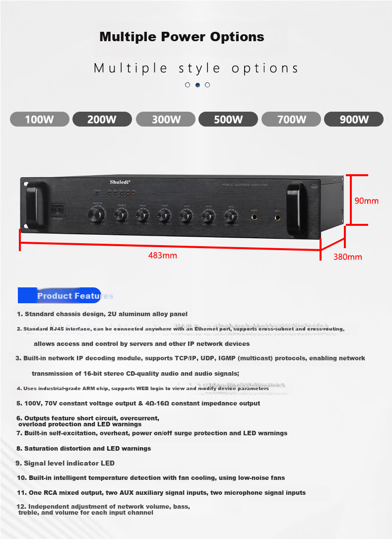 Shuledi AV-2000 Domestic IP Amplifier Network Amplifier High Power Analog Network Cable Connection for School Factory Remote Paging Intercom (Power: 100W) 13