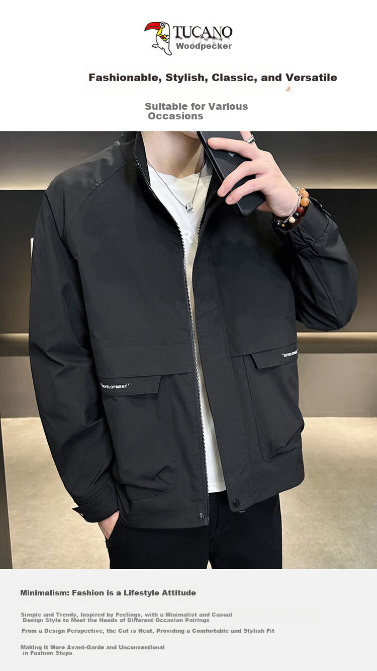 TUCANO Men's Spring Autumn Stand Collar Casual Workwear Korean Style Windproof Jacket Military Green L 2