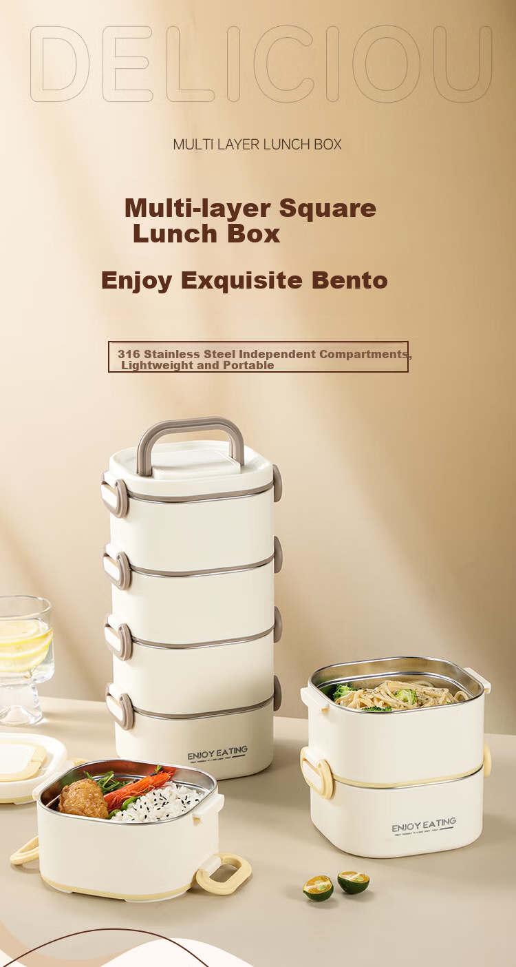 PAKCHOICE Insulated Lunch Box, 316 Stainless Steel, Suitable for Office Workers, Microwave Safe, Multi-Layer Bento Box, Portable Thermos for Students to Take Meals 1