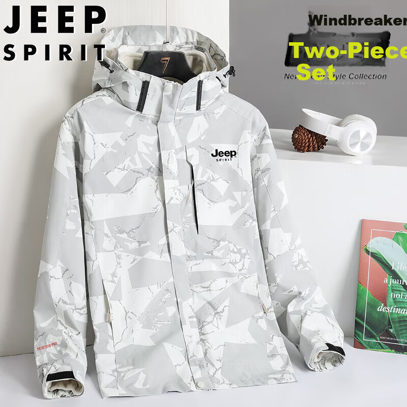 JEEP SPIRIT Men's Autumn Winter Hooded 3-in-1 Windproof Mountaineering Jacket Navy Blue 2XL