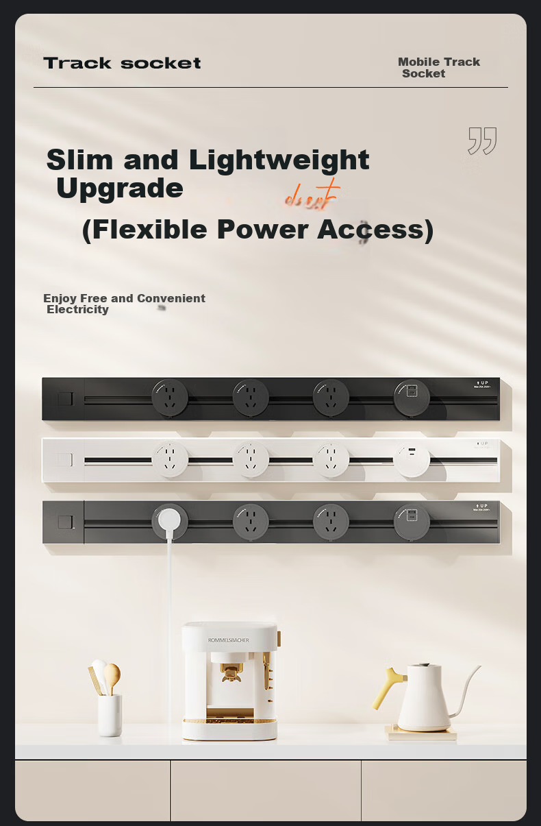 Comfort Home Kitchen Power Track Socket Surface Mounted Ultra-thin Slide Rail Socket Wireless High Power Island Counter Side Cabinet Movable Guide Rail Power Strip 1