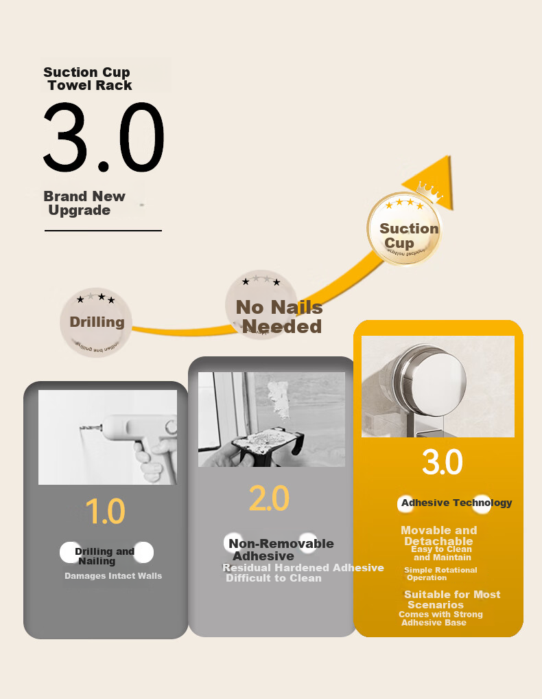 Baihan Suction Cup Towel Rack No Drilling Bathroom Storage Rack Wall-Mounted Towel Bar Toilet Bath Towel Organizer 3