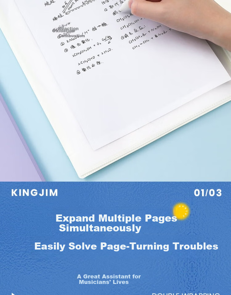 KINGJIM KAKIKO Foldable PP Accordion File Folder with Writing Space, Sheet Music Holder, Piano Score Folder, A4 Size, 24 Pages, White, 8614 3