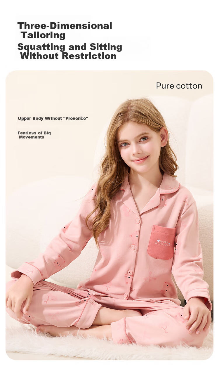 Hodo Kids Pajamas Class A Girls Antibacterial Anti-Mite Spring Summer 100% Cotton Mid-Large Children Cardigan Printed Homewear Set 3