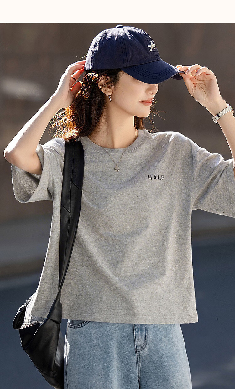 Demana [Comfort 180G Pure Cotton] Summer Simple Style Letter Print Loose Fit Women's 5-Sleeve T-Shirt 31
